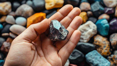 A hand holding a distinctive, rare gemstone among a collection of common stonesの素材