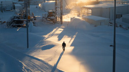 Worker walking through a snow-covered mining yard, with the soft light of dawn creating long shadows across the equipmentの素材