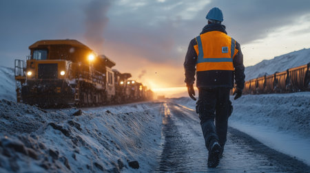 Worker walking toward a snow-covered excavator in a mining pit, with the fair light of morning gently glowingの素材