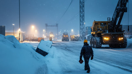 Worker walking through a snow-covered mine yard, with heavy equipment softly illuminated in the distanceの素材