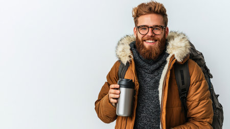 A traveler with a fluffy parka, holding a thermos and ready for winter exploration, isolated on whiteの素材