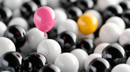 3d rendering of pink balloon in a crowd of black and yellow balloonsの素材