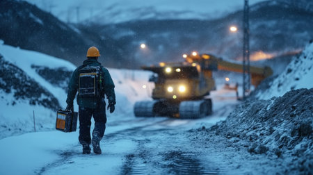 Worker walking through a snow-covered mine yard, with heavy equipment softly illuminated in the distanceの素材