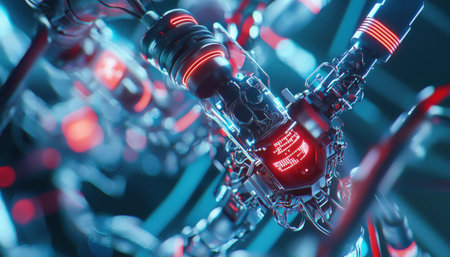 Digital network with glowing neon nodes and circuits representing artificial intelligence, futuristic backgroundの素材