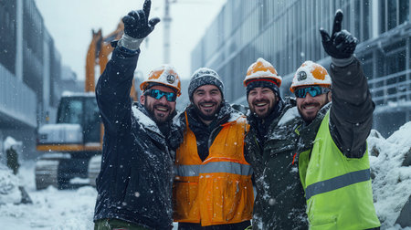 Group of engineers taking a winter photo in front of snow-covered construction equipment, celebrating togetherの素材