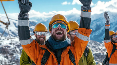 Engineers celebrating outdoors in winter, wearing hard hats and smiling with snowy mountains in the distanceの素材