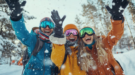 Engineers bundled up in winter gear, throwing their hands in the air in celebration with snow-covered ground aroundの素材