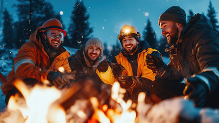 Engineers gathered around a bonfire in winter, celebrating and laughing, dressed warmly in safety gearの素材