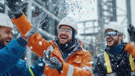Engineers in winter coats and hard hats throwing confetti, celebrating in front of a snow-covered siteの素材