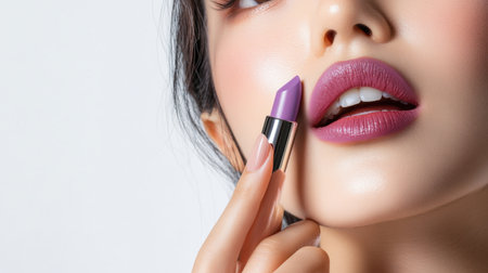 a beautiful young Asia woman applying purple lip colors to her cute pout lips with a luxury purple lipstick isolated on white background, Portraitの素材