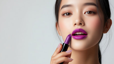 a beautiful young Asia woman applying purple lip colors to her cute pout lips with a luxury purple lipstick isolated on white background, Portraitの素材