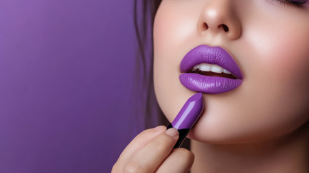 Portrait of a beautiful young Asia woman applying purple lip colors to her cute pout lips with a luxury purple lipstick isolated on purple background,の素材