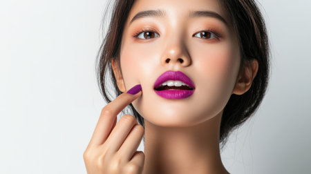 Portrait of a beautiful young Asia woman applying purple lip colors to her cute pout lips with a luxury purple lipstick isolated on purple background,の素材
