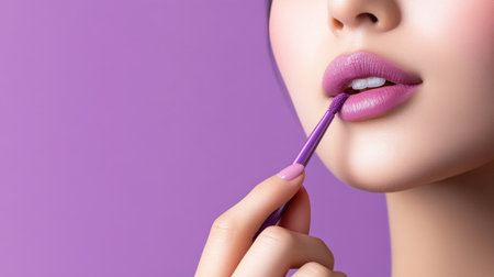 Portrait of a beautiful young Asia woman applying purple lip colors to her cute pout lips with a luxury purple lipstick isolated on purple backgroundの素材