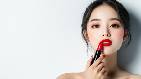 a beautiful young Asia woman applying red lip colors to her cute pout lips with a luxury red lipstick isolated on white background,の素材