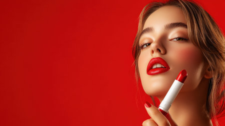 woman applying red lip colors to her cute pout lips with a luxury white lipstick isolated on red backgroundの素材