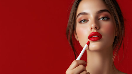 woman applying red lip colors to her cute pout lips with a luxury white lipstick isolated on red backgroundの素材