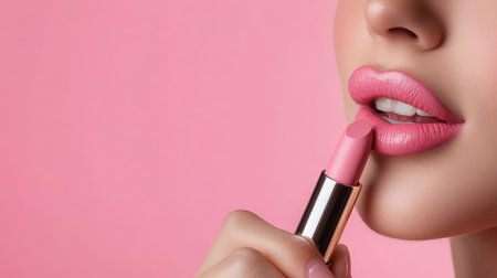a beautiful young woman applying pink lip colors to her cute pout lips with a luxury pink lipstick isolated on pink backgroundの素材