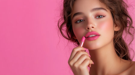 a beautiful young woman applying pink lip colors to her cute pout lips with a luxury pink lipstick isolated on pink backgroundの素材