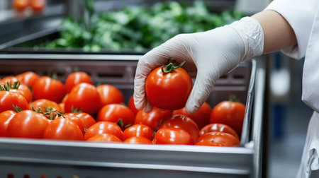 Glove clad hand picking up a tomato from a bin in a commercial kitchenの素材