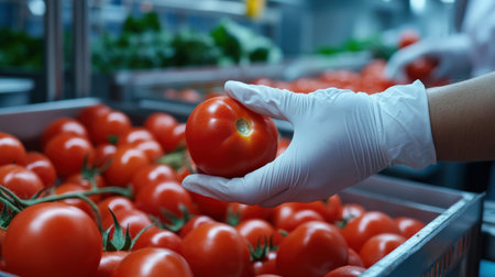 Glove clad hand picking up a tomato from a bin in a commercial kitchenの素材