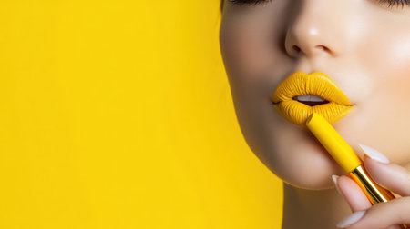 woman applying yellow lip colors to her cute pout lips with a luxury yellow lipstick isolated on yellow backgroundの素材