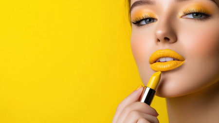 woman applying yellow lip colors to her cute pout lips with a luxury yellow lipstick isolated on yellow backgroundの素材