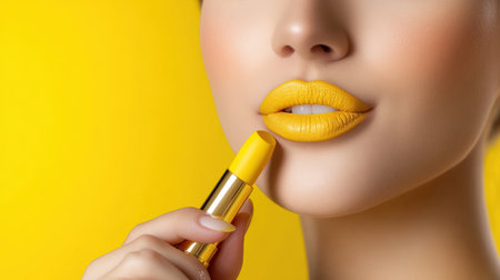 woman applying yellow lip colors to her cute pout lips with a luxury yellow lipstick isolated on yellow backgroundの素材