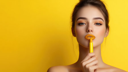woman applying yellow lip colors to her cute pout lips with a luxury yellow lipstick isolated on yellow backgroundの素材