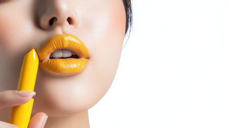 woman applying yellow lip colors to her cute pout lips with a luxury yellow lipstick isolated on white backgroundの素材