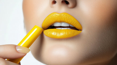 woman applying yellow lip colors to her cute pout lips with a luxury yellow lipstick isolated on white backgroundの素材