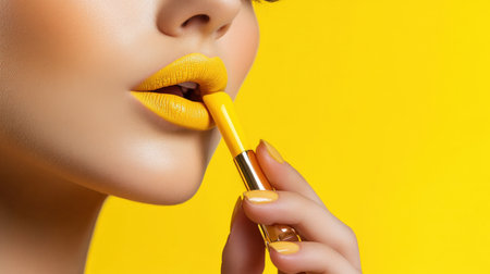 woman applying yellow lip colors to her cute pout lips with a luxury yellow lipstick isolated on yellow backgroundの素材