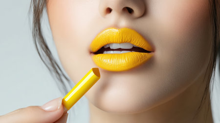 woman applying yellow lip colors to her cute pout lips with a luxury yellow lipstick isolated on white backgroundの素材