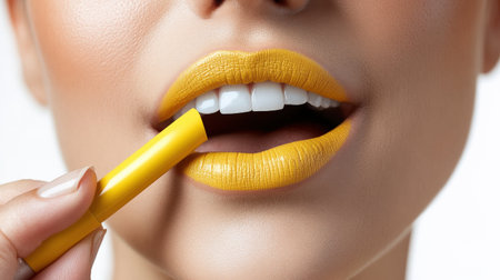 woman applying yellow lip colors to her cute pout lips with a luxury yellow lipstick isolated on white backgroundの素材