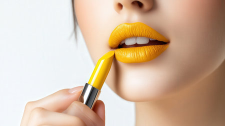 woman applying yellow lip colors to her cute pout lips with a luxury yellow lipstick isolated on white backgroundの素材