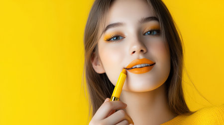 woman applying yellow lip colors to her cute pout lips with a luxury yellow lipstick isolated on yellow backgroundの素材