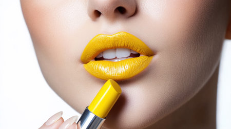woman applying yellow lip colors to her cute pout lips with a luxury yellow lipstick isolated on white backgroundの素材