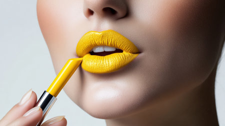 woman applying yellow lip colors to her cute pout lips with a luxury yellow lipstick isolated on white backgroundの素材