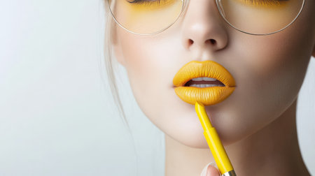 woman applying yellow lip colors to her cute pout lips with a luxury yellow lipstick isolated on white backgroundの素材
