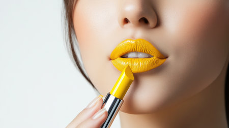 woman applying yellow lip colors to her cute pout lips with a luxury yellow lipstick isolated on white backgroundの素材
