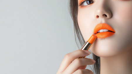 woman applying orange lip colors to her cute pout lips with a luxury orange lipstick isolated on white background,の素材