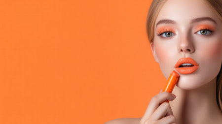 woman applying light orange lip colors to her cute pout lips with a luxury orange lipstick isolated on light orange backgroundの素材