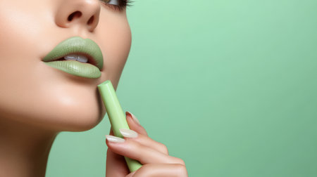 woman applying light green lip colors to her cute pout lips with a luxury green lipstick isolated on light green backgroundの素材