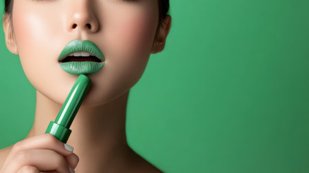 woman applying light green lip colors to her cute pout lips with a luxury green lipstick isolated on light green backgroundの素材