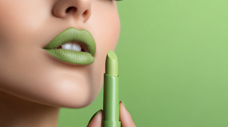 woman applying light green lip colors to her cute pout lips with a luxury green lipstick isolated on light green backgroundの素材
