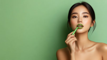 woman applying light green lip colors to her cute pout lips with a luxury green lipstick isolated on light green backgroundの素材