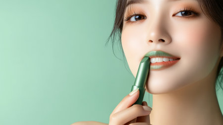 woman applying light green lip colors to her cute pout lips with a luxury green lipstick isolated on light green backgroundの素材