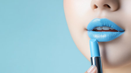 woman applying light blue lip colors to her cute pout lips with a luxury light blue lipstick isolated on light blue backgroundの素材