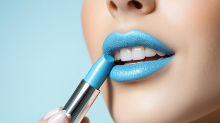 woman applying light blue lip colors to her cute pout lips with a luxury light blue lipstick isolated on light blue backgroundの素材
