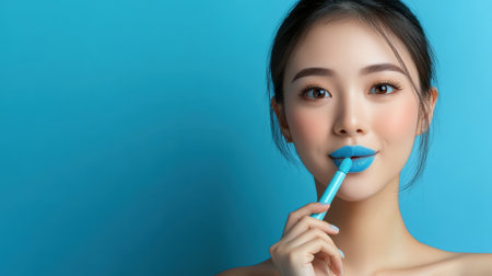 woman applying light blue lip colors to her cute pout lips with a luxury light blue lipstick isolated on light blue backgroundの素材